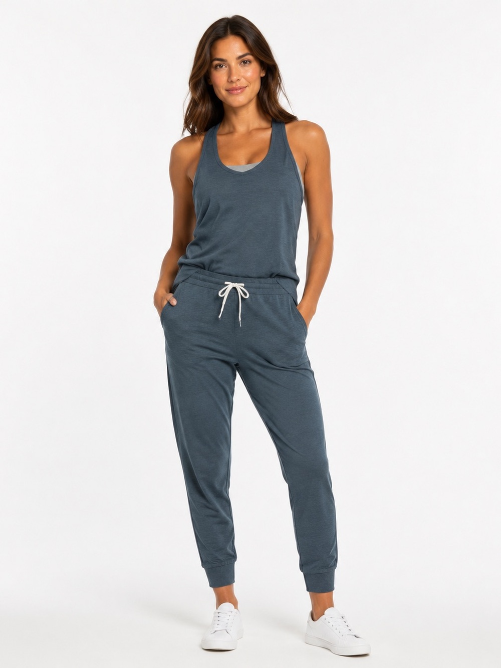 Vuori Womens Lux Sleeveless Jumpsuit Heathered Blue/Gray One-Piece Jogger Medium